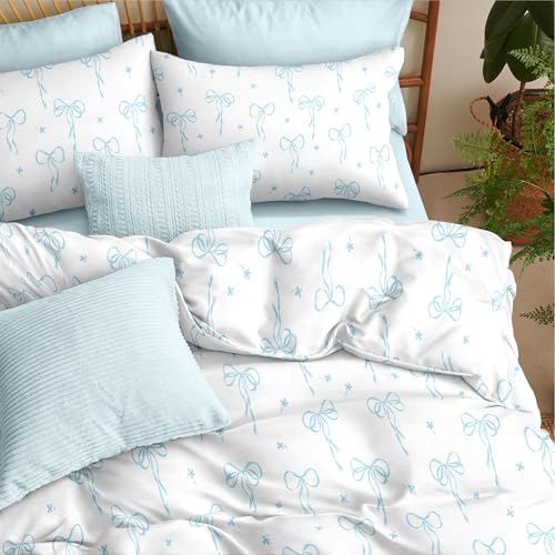Bildenly Comforter Set Full Size White - Light Blue Bow Quilt Bedding Set 3 Pieces, Comforter Set Full, Soft & Lightweight Comforter(79‘’ x 90‘’) for Girl All Season & 2 Pillow Cases(30‘’x20‘’) Bildenly