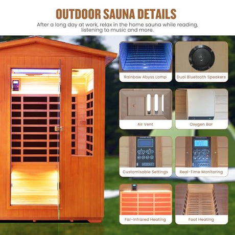 OUTEXER Outdoor 4 Person Sauna Far Infrared Saunas Dry Sauna Room Red Cedar and Canadian Hemlock Wood Wooden Sauna Spa 2600W 240V with 7 Color Light 62.2 * 46.8 * 81.9 inches OUTEXER