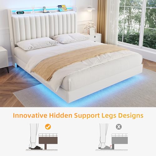 Jocoevol Queen Size Floating Bed Frame with Ergonomic Hidden Storage Headboard and LED Lights, Visual Floating LED Bed Frame with Charing Station, Velvet Upholstered Platform Bed, Heavy Duty, White Jocoevol