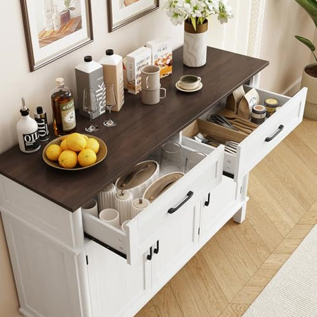 48 Inches Buffet Cabinet with Storage, Farmhouse Sideboard Buffet w/2 Drawers and 3 Doors, Wood Coffee Bar Cabinet with Adjustable Shelves, Sideboard Storage for Kitchen, Living Room, Off White ONBRILL