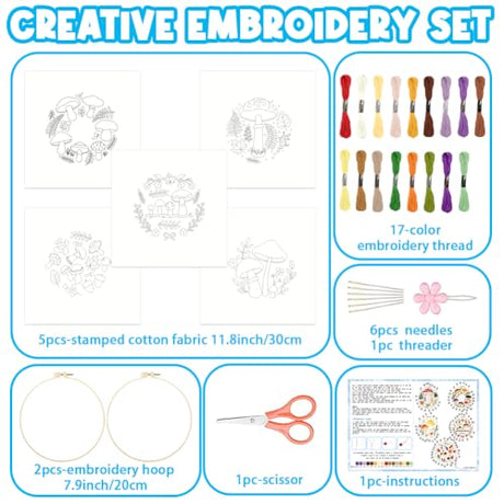 ACRNIGHEET 5PCS Embroidery Kit for Beginners Adults, Mushroom Embroidery Kit, Embroidery Starter Kit with Instructions, Including 5 Stamped Embroidery Cloth Hoops Threads, Crafts Gift Idea ACRNIGHEET