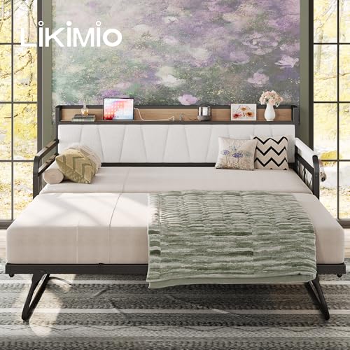 LIKIMIO Daybed with Trundle Bed, Twin Bed Frame with Storage Headboard and Charging Station, Sofa Day Bed with Strong Supports for Living Room, Bedroom, and Guest Room, Cream LIKIMIO