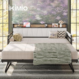 LIKIMIO Daybed with Trundle Bed, Twin Bed Frame with Storage Headboard and Charging Station, Sofa Day Bed with Strong Supports for Living Room, Bedroom, and Guest Room, Cream LIKIMIO