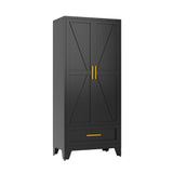 71 Farmhouse Metal Wardrobe Closet with Hanging Rod, 2 Barn Doors, Adjustable Shelves, Steel Armoire with Drawer for Home, Bedroom Black COFaR