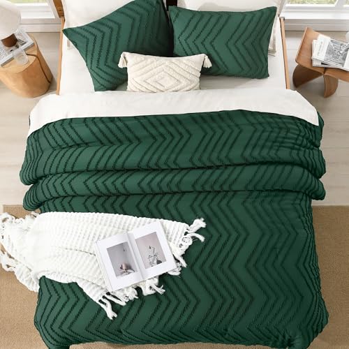 Litanika Queen Comforter Set Dark Emerald Green, 3 Pieces Lightweight Chevron Tufted Bedding Comforter Set, Fluffy Winter Down Alternative Comforter Bed Set Gift Choice