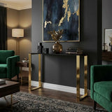 Cortesi Home Remini Narrow Contemporary Glass Console Table in Polished Gold Finish, Black Glass Cortesi Home