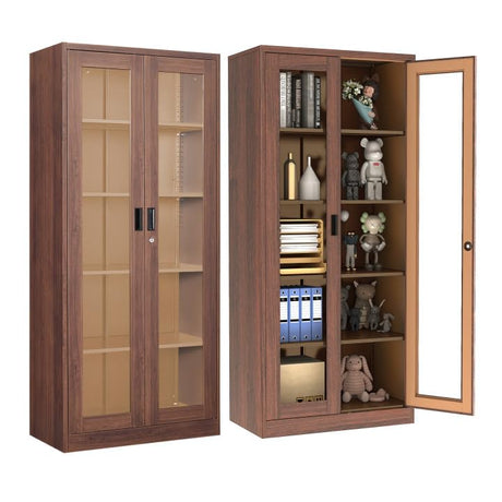 AFAIF 71" Tall Brown Metal Storage Cabinet with Glass Doors and Adjustable Shelves AFAIF