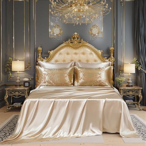 King Size 8-Piece Jacquard Comforter Set with Satin Sheets Set – Elegant Coordinated Bedding Collection for Bedroom Gold Bed-in-a-Bag Bedding_Dreamer