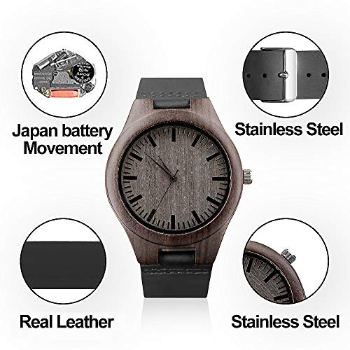 Engraved Custom Men Wood Watch,Analog Quartz Black Leather Handmade Sandalwood Natural Custom Wood Watch for Son Husband Anniversary Christmas Gifts (for Son from Dad) Kenon