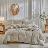 DuShow Grid Queen Duvet Cover Set - Tan Gingham Washed Microfiber Comforter Cover Set, 3 Pieces Plaid Checkered Soft Reversible Bedding Set(Tan,Queen) DuShow