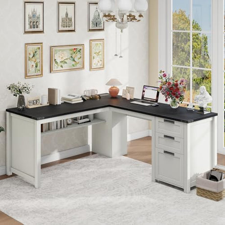 Halitaa Farmhouse L Shaped Executive Desk with Drawers and Storage Shelf, Corner Standing Desk with Charging Station L-Shaped Executive Desks for for Home Office, Study, Bedroom Halitaa