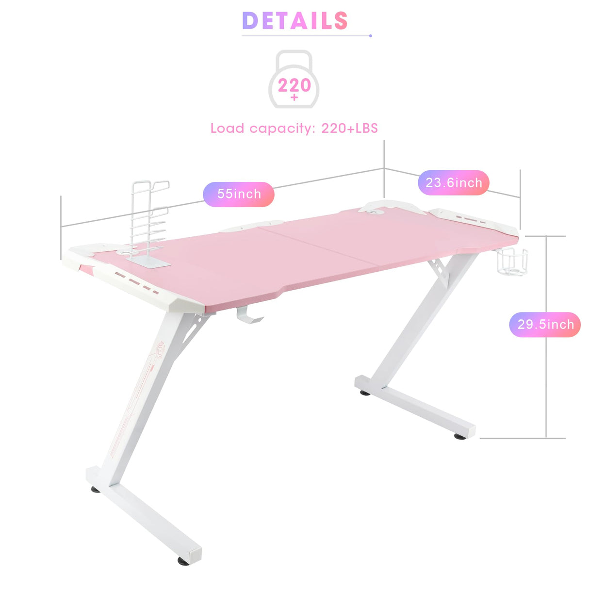 YOUTHUP Pink Gaming Desk with LED Lights, 55" Z Shaped RGB Gaming Computer Table, Ergonomic PC Workstation with Remote Control, Cup Holder, Handle Rack, Headphone Hook, Mouse Pad for Home Office Use YOUTHUP