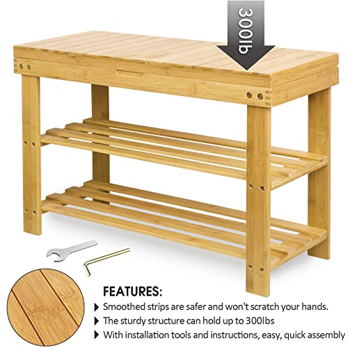 BAMBUROBA Shoe Rack Storage Bench Bamboo Organizer Entryway Organizing Shelf with Storage Drawer on Top (Natural) BAMBUROBA