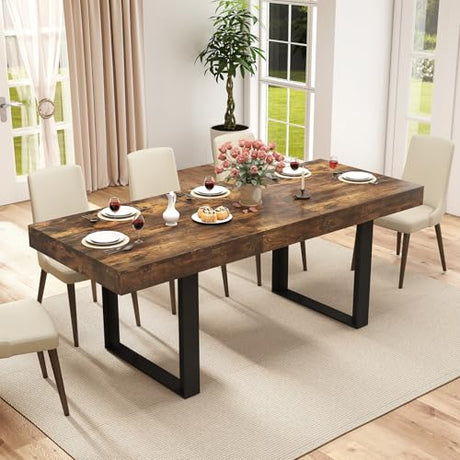 Zevemomo 63"-78.7" Expandable Dining Table, 6-10 Farmhouse Kitchen Table, Extendable Dining Table, Rectangular Kitchen Table with Metal Track, Tapered U-Shaped Leg for Dining Room,Office-Rustic Brown Zevemomo