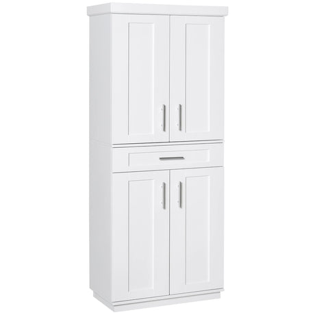 HOMCOM 72" Kitchen Pantry Cabinet, Freestanding Tall Storage Cabinet with 4 Doors, Drawer and 3 Adjustable Shelves for Dining Room, White HOMCOM