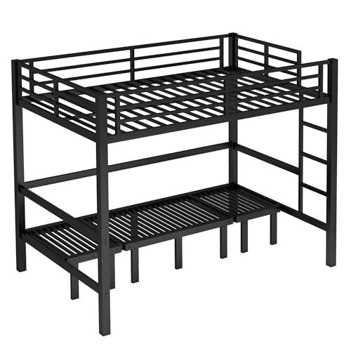 Full over Full Metal Bunk Bed with Guardrails, Convertible Loft Bed with Sofa & Lower Bed, Full Loft Bunk Beds can be Pulled out in 3 Sections for Teens, Adults, Bedroom, Black Harper & Bright Designs