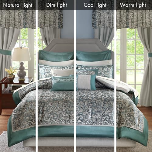 Madison Park Essentials Brystol 24 Piece Room in a Bag Faux Silk Comforter Jacquard Paisley Design Matching Curtains Down Alternative Hypoallergenic All Season Bedding-Set, King (104 in x 92 in), Teal Madison Park