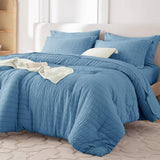 MUXHOMO 7 Pieces King Comforter Set, Seersucker Bed in a Bag King Size, All Season Luxury Bedding Set with Comforter, Flat Sheet, Fitted Sheet, Pillowcases & Shams, Mineral Blue MUXHOMO