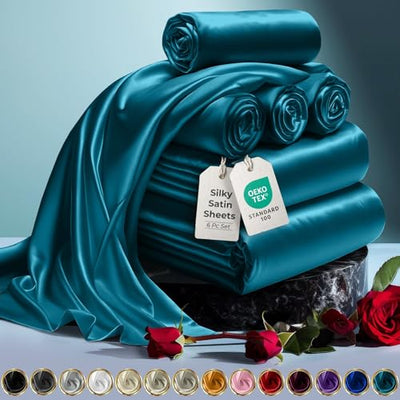 DECOLURE Satin Bed Sheets - 6 Piece Luxury Silky Queen Size Bedding Set - Softer Than Silk, Wrinkle-Free with 15” Deep Pocket Fitted Sheet, Perfect for Hair & Skin, Gifts for Women (Sea Teal)