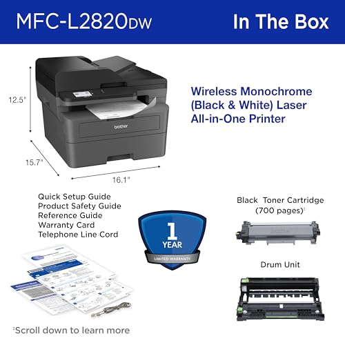 Brother MFC-L2820DW Wireless Compact Monochrome All-in-One Laser Printer with Copy, Scan and Fax, Duplex, Black & White | Includes Refresh Subscription Trial(1),(Renewed Premium)