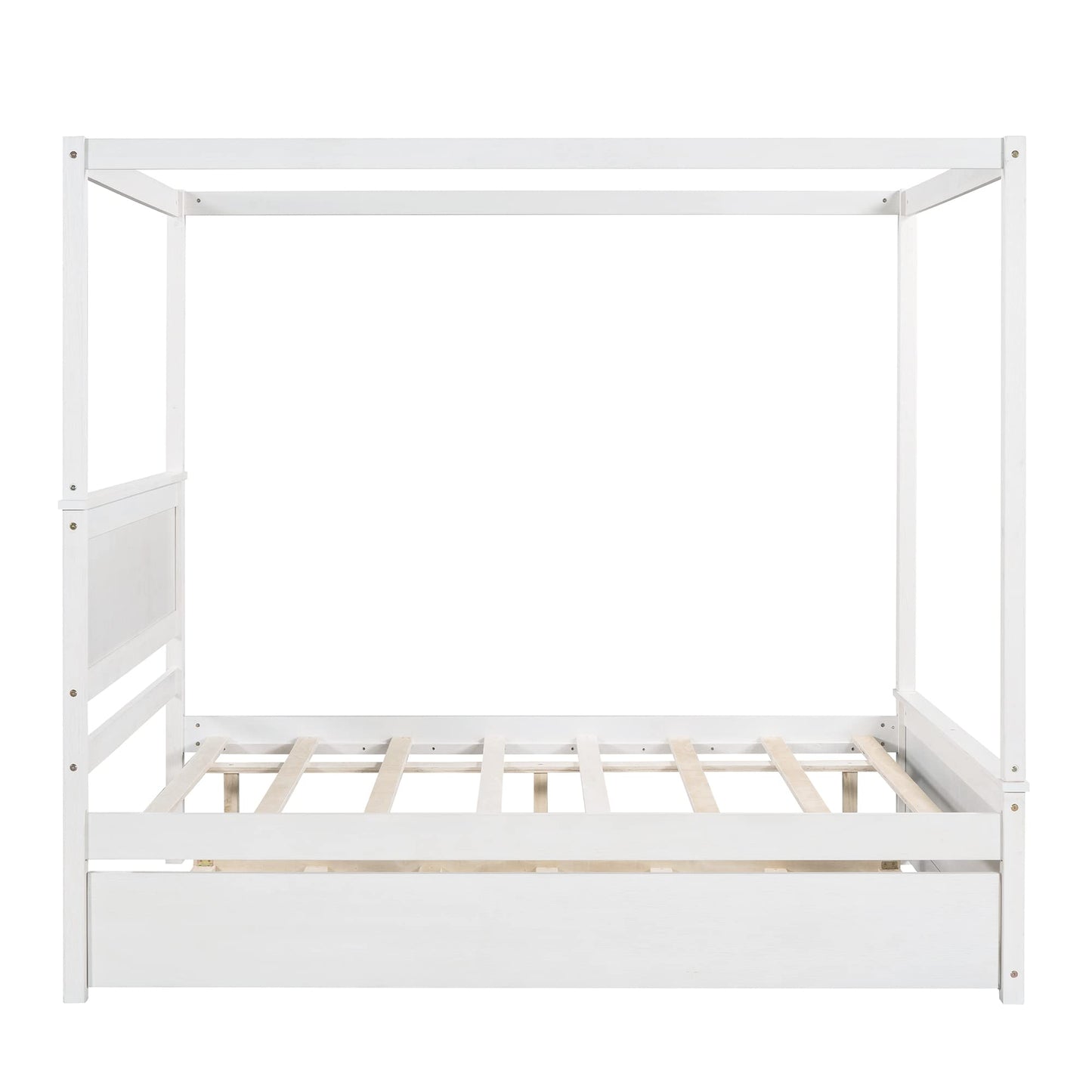 Bellemave Full Canopy Bed with Twin Size Trundle, Wood Full Platform Bed with Headboard and Slat Support, Modern 4 Poster Panel Bed for Kids, Teens, Adults. No Box Spring Needed (Full, White)