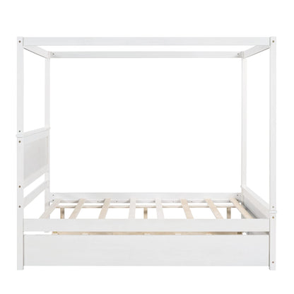 Bellemave Full Canopy Bed with Twin Size Trundle, Wood Full Platform Bed with Headboard and Slat Support, Modern 4 Poster Panel Bed for Kids, Teens, Adults. No Box Spring Needed (Full, White)