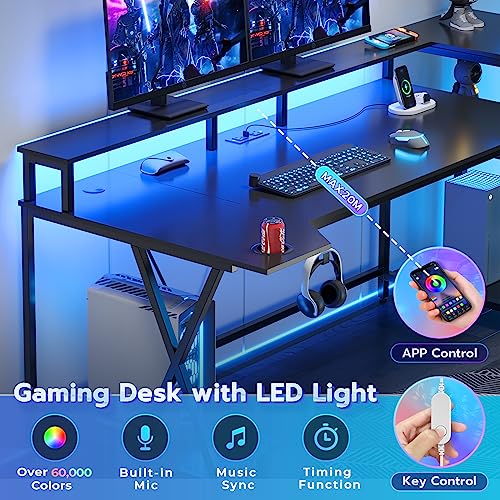 SEDETA Gaming Desk 70.8'' with LED Lights and Storage Shelves, Computer Desk with Monitor Stand, Power Outlets and Cup Holder, Large PC Gamer Desk, Gaming Table for Bedroom, Living Room, Blac - WoodArtSupply