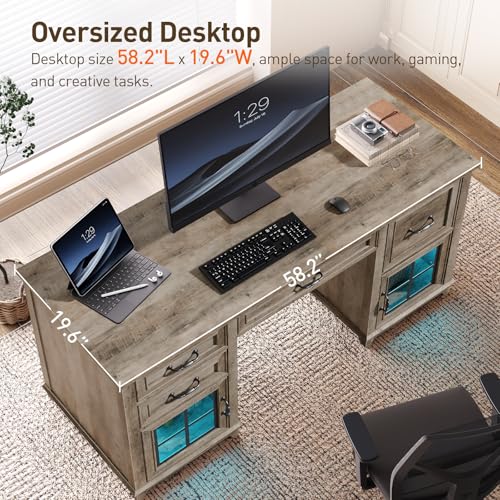 RALGEND 58" Farmhouse Executive Desk, Farmhouse Computer Desk with Drawers & File Cabinet, Wooden Home Office Desk with Power Outlet & LED Light, Workspace for Study Writing, Greige RALGEND