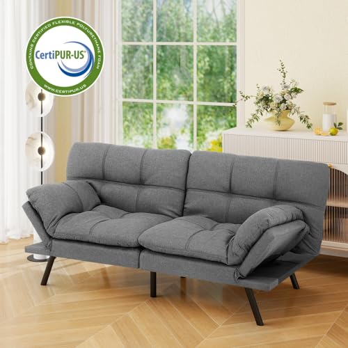Vipbear 71" Futon Sofa Bed - Convertible Sofa Beds/Adjustable Backrest & Armrest, Comfy Loveseat Sleeper for Small Spaces, Apartments & Offices,Linen Fabric Medium Grey Futons Vipbear