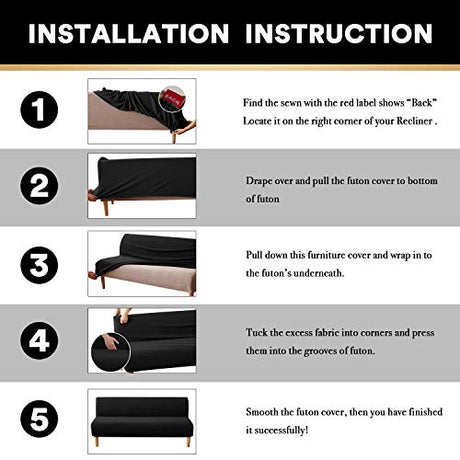 PrinceDeco Stretch Armless Futon Cover Futon Slipcover Full Queen Size Futon Couch Sofa Cover Bed Cover Furniture Protector with Elastic Bottom, Checked Pattern Jacquard, Black PrinceDeco