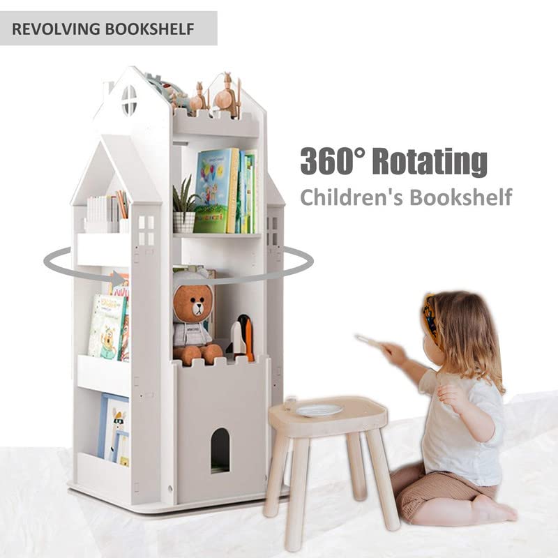 MOUDAO 360° Rotating Castle Bookshelf for Kids - White Toy Storage Organizer Rack - WoodArtSupply