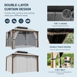 UDPATIO 10' x 12' Hardtop Gazebo, Wood Grain Finish Aluminum Frame Outdoor Gazebo with Galvanized Steel Double Roof, Metal Gazebo Canopy with Curtain and Netting for Garden, Patio and Deck, Grey UDPATIO