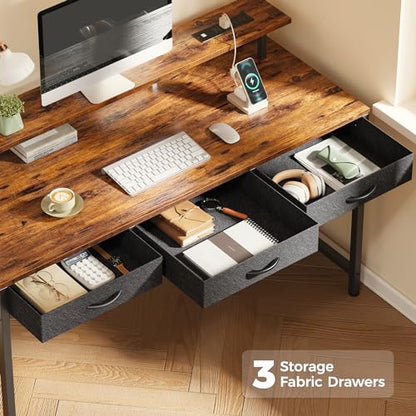 Huuger 55 inch Computer Desk with 3 Drawers, Office Desk Gaming Desk with LED Lights & Power Outlets, Home Office Desks with Storage Space for Bedroom, Work from Home, Rustic Brown - WoodArtSupply