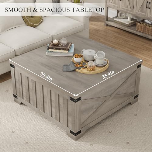 HOSTACK Farmhouse Coffee Table with Storage, 35.4" Square Center Table with Hinged Lift Top, Vintage Wood Cocktail Table with Thickened Top for Living Room, Home (Ash Gray) - WoodArtSupply