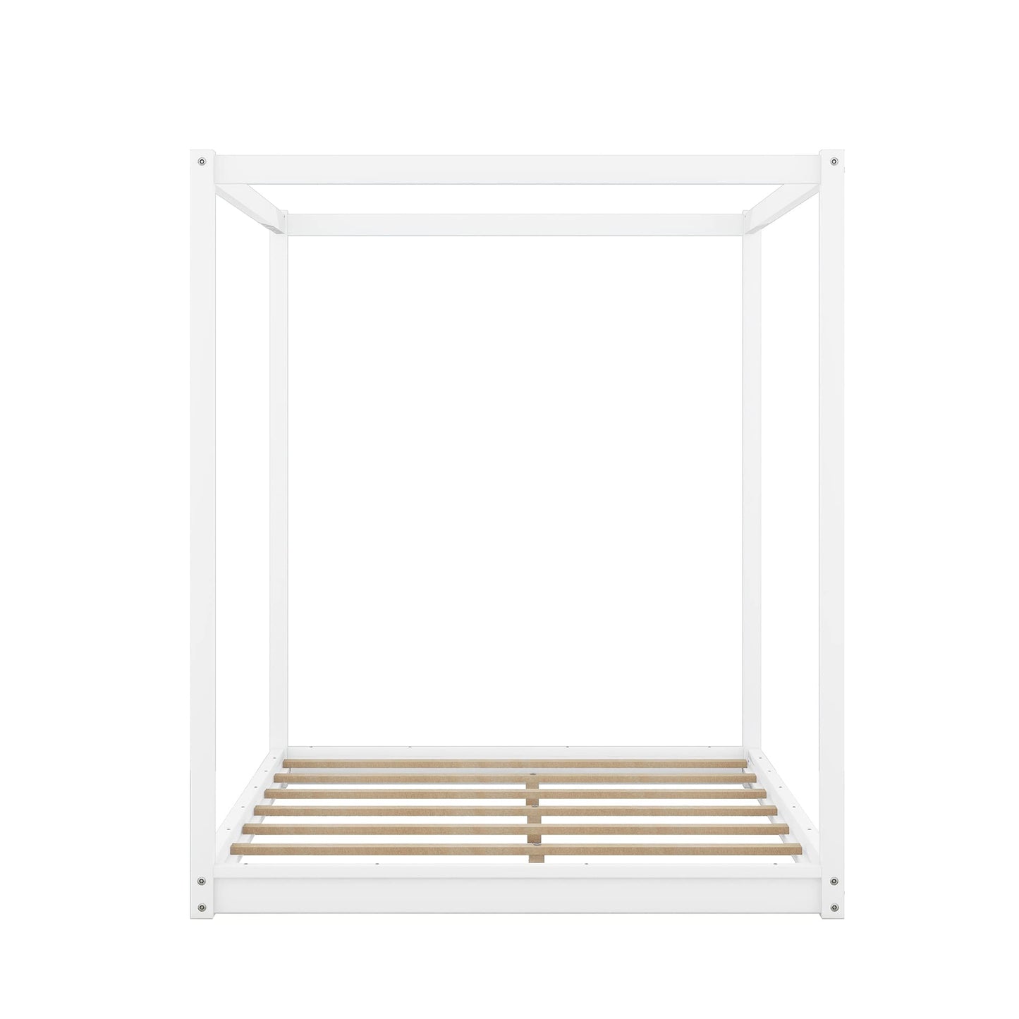 Bellemave Queen Canopy Bed Frame, Pine Wood, White, 4-Post Platform, Supports 550 lbs