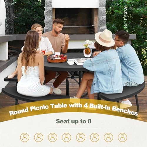 Tangkula 8 Person Picnic Table, Outdoor Round Picnic Table with 4 Built-in Benches, Umbrella Hole, Metal Frame & HDPE Tabletop, Outside Table and Bench Set for Backyard, 2300lbs Weight Capacity Tangkula