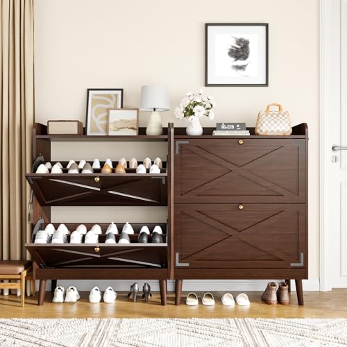 Wanfuder Shoe Storage Cabinet with 2 Flip Drawers & Adjustable Shelves,Narrow Shoe Cabinet Storage with Doors Side Hooks Wooden Shoe Rack Cabinet for Entryway,Hallway,Rustic Brown Wanfuder