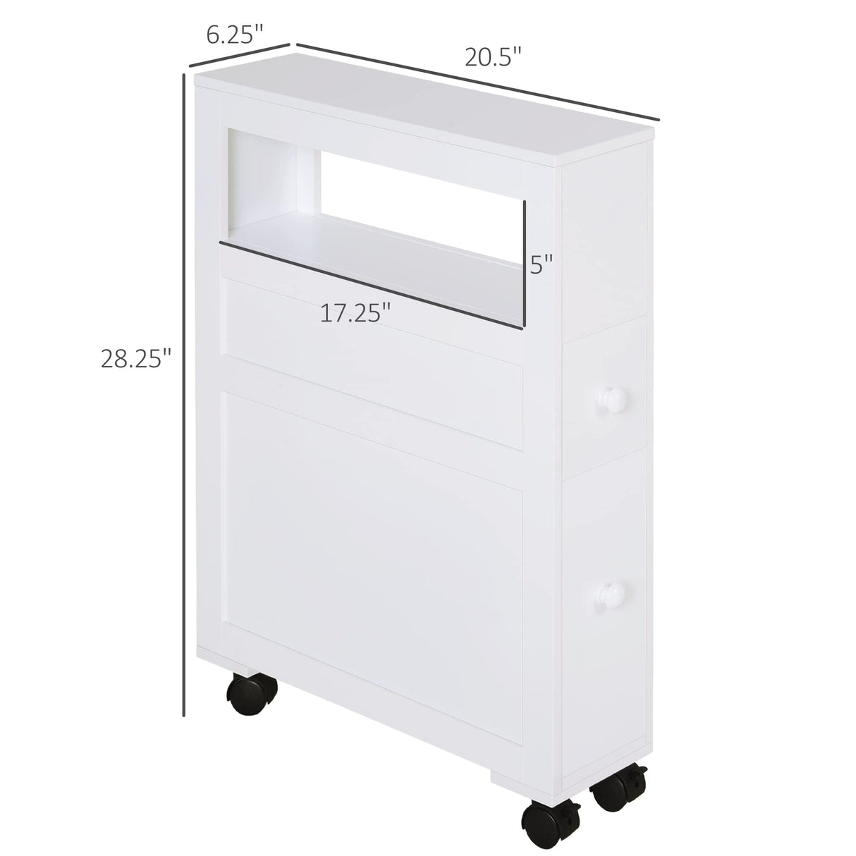 HOMCOM White Rolling Narrow Bathroom Storage Cabinet with Drawers and Open Shelf HOMCOM