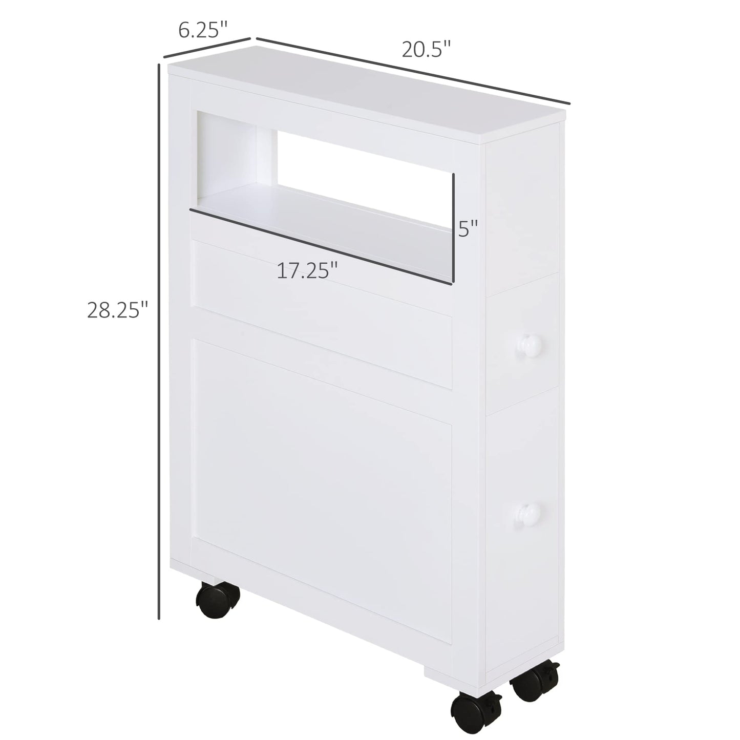 HOMCOM White Rolling Narrow Bathroom Storage Cabinet with Drawers and Open Shelf - WoodArtSupply