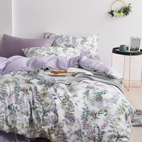 La Sheer Floral Duvet Cover Set Garden Style Twin 2 Pieces Bedding Set, Ultra Soft Green Leaves Botanical Flowers Pattern Lavender Reversible Farmhouse 1 Comforter Cover + 1 Pillowsham(No Comforter) La Sheer