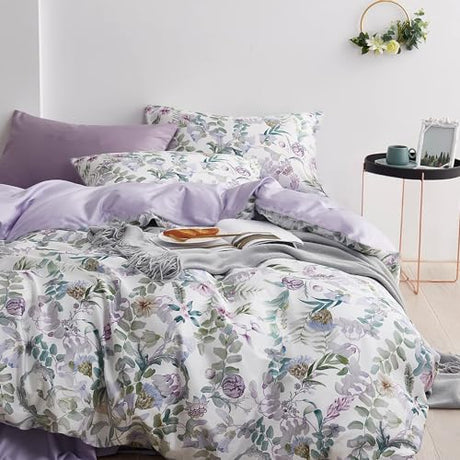 La Sheer Floral Duvet Cover Set Garden Style Twin 2 Pieces Bedding Set, Ultra Soft Green Leaves Botanical Flowers Pattern Lavender Reversible Farmhouse 1 Comforter Cover + 1 Pillowsham(No Comforter) La Sheer