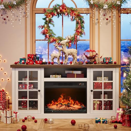 ONBRILL 59 Inch Fireplace TV Stand, Entertainment Center with 23 Inch Electric Fireplace, TV Table for TVs up to 65 Inches, Media Console Cabinet with Storage and Glass Doors for Living Room, White ONBRILL