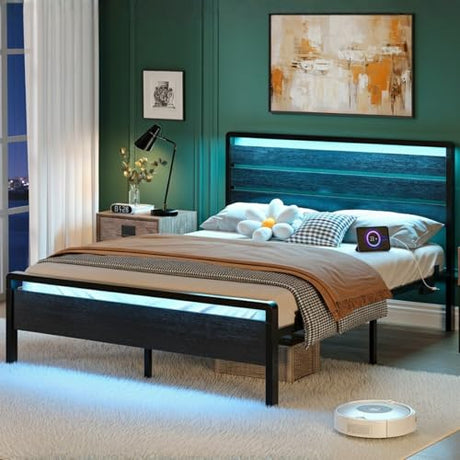 VINGLI Queen Platform Bed Frame with LED Wood Headboard & Footboard, 12-Inch Under-Bed Storage Space, 2 AC 2 USB 1 Type-C Charging Port, Sturdy Metal Noise-Free Design, Modern Apartment Bedroom,Black VINGLI