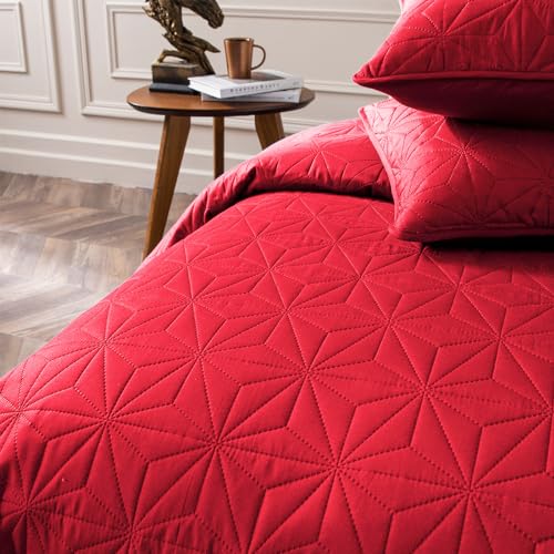 Whale Flotilla King Quilt Bedding Set, Soft Bright Red Bedspreads Quilts King Size for All Seasons, 3 Pieces Lightweight Geometric Star Pattern Coverlet