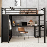 Queen Size Loft Bed with Built-in Wardrobe, Metal Loft Bed Frame with Desk and Storage Shelves, Black Bellemave