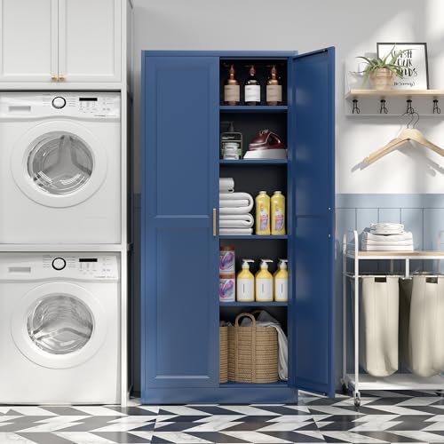 SteeLoong Kitchen Pantry Cabinet,71”Blue Metal Pantry Storage Cabinets with Doors and 4 Adjustable Shelves,Kitchen Cabinet with 2 Gold Handles,Tall Cabinet for Livingroom, SteeLoong