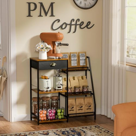 Rustic Brown Coffee Bar Cabinet with Drawer - 3-Tier Coffee Stand Station for Small Spaces Jakyitvi