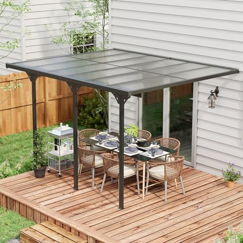 Outsunny 12' x 10' Outdoor Polycarbonate Pergola, Transparent UV Blocking Awning, Hardtop Deck Gazebo with Adjustable Posts and Height, Aluminum, Gray - WoodArtSupply