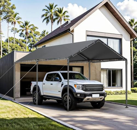 Carport, 10x20ft Heavy Duty Portable Garage, Car Port with Storage Shed, Car Canopy Car Tent with Steel Frame All-Season Tarp for Car, Truck, Boat, Party, Grey TANGJEAMER