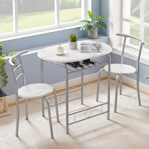 VECELO 3-Piece White & Silver Dining Table Set with Built-in Wine Rack for Small Spaces VECELO